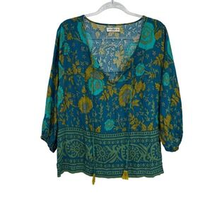 Natural Life Boho Floral Tassel Tunic Blouse Womens XL Teal Gold Green Rayon